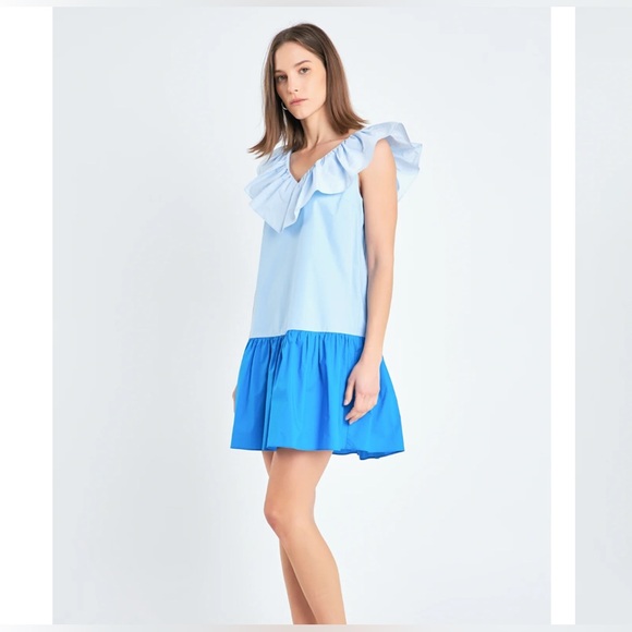 English Factory Women Blue Colorblock Ruffle Hem Sleeveless Mini Dress Size S - Picture 4 of 9